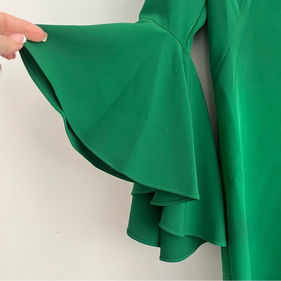 Milly Emerald Green Nicole Dress Size 4 V Neck Mini Sheath Ruffle 3/4 Sleeves - Picture 12 of 13